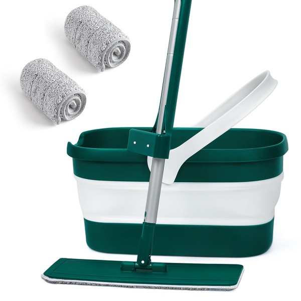 REEWII Flat Mop and Collapsible Bucket，Move Squeezer up and Down