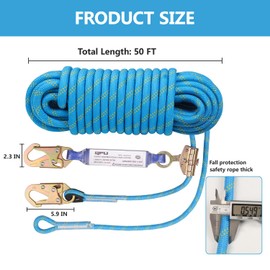50FT Fall Protection Safety Rope - Heavy Duty Vertical Roof and Tree Climbing Rope, Equipped with Alloy Steel Clips, Shock-Absorbing Rope, Safety Harness, ANSI Certified.