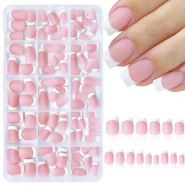 AddFavor French Tip Press On Nails Short Coffin- 150pc Short Coffin Fake Nails Press ons Nail French Tips Nails Pink Acrylic Nails 15 Sizes Stick on Nails for Women