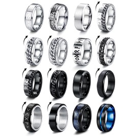 Milacolato Pack of 16 Stainless Steel Fidget Ring Spinner Rings for Women Wedding Promise Black Band Rings Cool Black Rings for Men 52-70, stainless steel