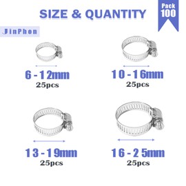 Pack of 100 304 Stainless Steel Hose Clamps Assortment, Adjustable 6-38 mm for Pipes and Hoses, Plumbing, Heating and Automotive Systems