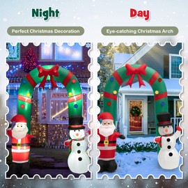 COSTWAY 8FT Tall Christmas Inflatable Santa Claus and Snowman Archway, Outdoor Large Blow Up Arch Decor with Bright LED Lights