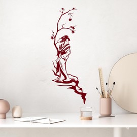 Vinyl Wall Decal Asian Style Japanese Woman Geisha Maple Tree Stickers (3927ig)