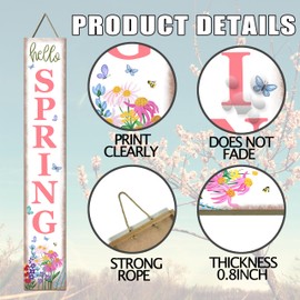 Hello Spring Porch Sign Watercolor Flowers Front Door Hanging Decorations Indoor Outdoor Wooden Vertical Standing Welcome Sign For Home Yard Farmhouse Holiday Decor 47 x 7.8 inch