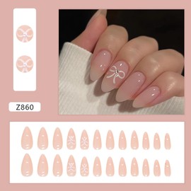 Medium Almond Press on Nails Ombre Fake Nails with Bow Designs Full Cover Nude False Nails Gel Acrylic Nails Almond Shaped Glue on Nails Summer Cute Stick on Nails for Women 24Pcs