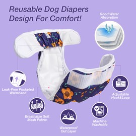 Pet Soft Washable Female Diapers (3 Pack) Female Dog Diapers, Comfort Reusable Doggy Diaper for Girl Dog in Period Heat (Cute Flower, M)