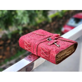 Embossed Leather Journal with Antique Key Vintage Pages Handmade Journal Leather Sketchbook Notepad Leather Travel Journal Book of Shadows Leather grimoire (Red, 8x6 Inch)