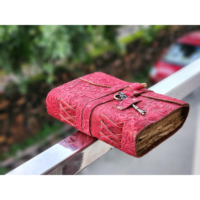 Embossed Leather Journal with Antique Key Vintage Pages Handmade Journal