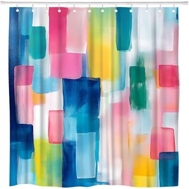 ZFMRZF Abstract Watercolor Shower Curtain Blue and Pink Teal Blocks Geometric Modern Contemporary Colorful Aesthetic Minimalist Bathroom Polyester Curtains Set with Hooks 70x70 Inch