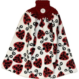 Valentine's Day Handmade Crochet Top Towels made from 100% Cotton Terry Cloth, perfect for the Kitchen, Bathroom, and Laundry Room (RED TOP - HEART LADYBUGS)