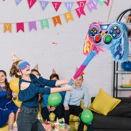 Game Controller Pinata for Boys with Stick Blindfold and Confetti 16 Inch Video Game Pinata for Birthday Gamer Party Decoration, Video Game Party Supplies