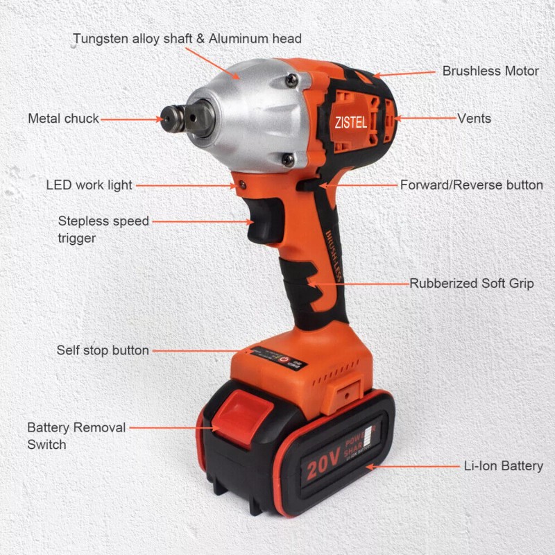 Zistel 20V Cordless Impact Wrench Kit 1/2" 520Nm High Torque