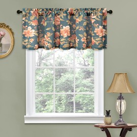 VOGOL Linen Textured Kitchen Valance, 1 Panel Light Filtering Rod Pocket Valances for Bedroom, Blue Flower Printed Window Treatment for Cafe, W 52 x L 18