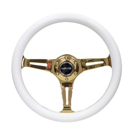 NRG Innovations NRG-ST-015CG-WT Steering Wheel - 350mm 25mm Deep Configuration 3 Chrome Gold Spokes Classic White Wood Grain Wheel/White Grip