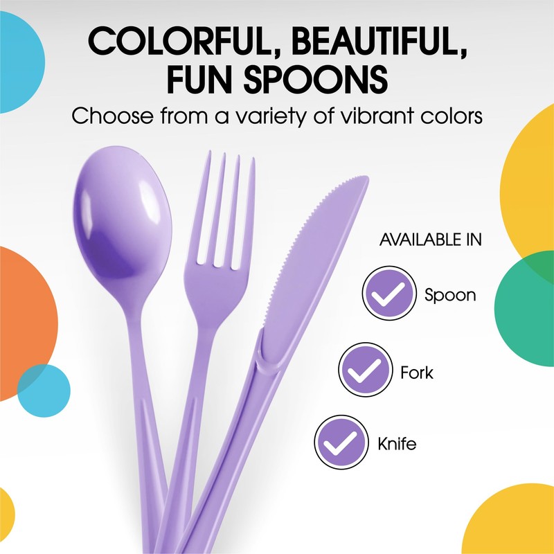 Disposable Lavender Plastic Spoons 50 Pcs - Heavy Duty Lavender