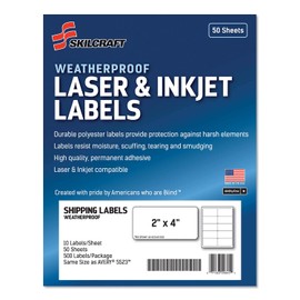 AbilityOne - 7530016736220 - Weatherproof Laser and Inkjet Labels - Shipping - 2" x 4" - 500 Units