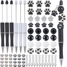 SUNNYCLUE DIY 12 Sets Beadable Pens Kit Cat Themed Beadable Pen Sets Plastic Ball Point Pen Dog Pow Print Charms Wooden Bead Rhinestone Spacer Beads for Teachers Students Nurses Gifts Office School