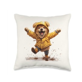 Cute Welsh Corgi Dog Wearing Yellow Raincoat Raindrops Puppy Throw Pillow