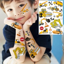 Groovy Excavator Cars Temporary Tattoos For Kids Boys Girls Child, 55+ Construction Engineering Vehicle Flash Silver Glitter Metallic Fake Tattoo Stickers, 3D Cartoon Bulldozer Tattoos Party Supplies
