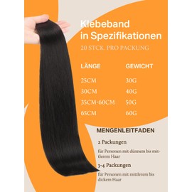 DOORES Tape Extensions, Real Hair, Natural Real Hair, Tape-In Human Hair, Natural Black, 30 cm (12 Inches), 40 g, 20 Pieces, Real Hair Tape-In Extensions, Straight Hair, Skin Weft