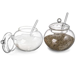 Frcctre Set of 2 Glass Sugar Bowl with Spoon and Lid, 11 Ounces Clear Salt Spice Pepper Seasoning Jar Condiment Container for Home Kitchen Coffee Bar