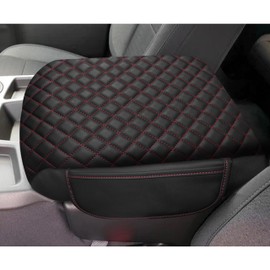 SENSHINE 1.2in Thickness Center Console Cover for Chevy Silverado GMC Sierra Accessories 2019-2023 2024 2025 Armrest Cover Leather Armrest Box Protector Pad with Pockets for Jump Seat (Red Stitches)