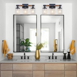 Feohak 3-Light Bathroom Light Fixtures, Farmhouse Bathroom Vanity Light Rustic Wood Industrial Vintage Black Small Wall Light Sconce Lamp Over Mirror with Clear Glass Shade for Bedroom