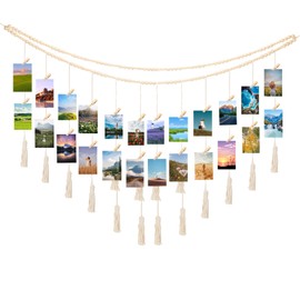 joycraft 5Ft Photo Banner with Clips, Boho Double Layer Hanging Photo Display Garland with Wooden Beads, Macrame Tassels Photo Clip String for Bedroom, Office, Dorm, and Party Decor