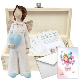 Handmade Ceramic Angel Figurine with Blue Heart in Natural Wooden Box