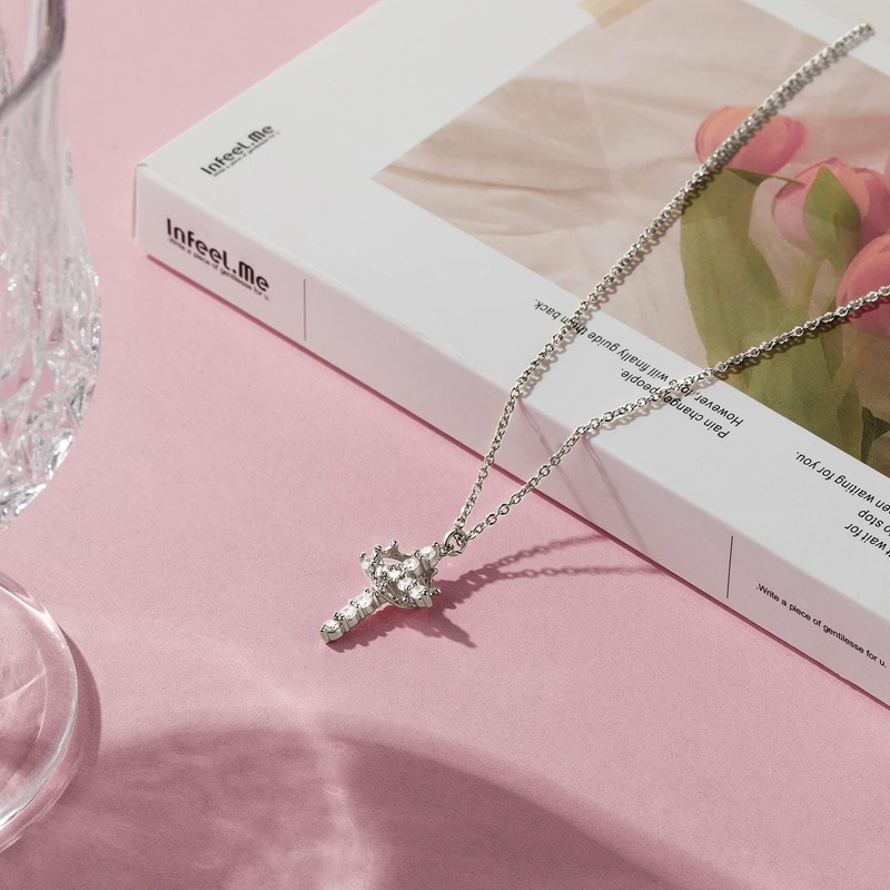 Tewiky Silver Crown Cross Necklace for Women Faith Jewelry Gift