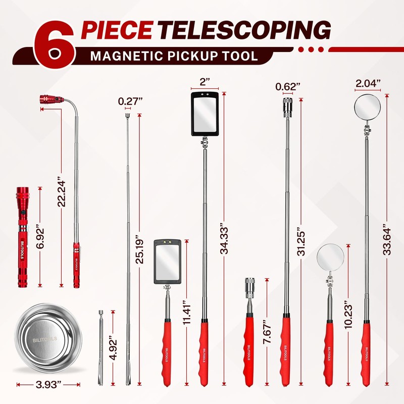 BILITOOLS 6 Piece Telescoping Magnetic Pickup Tool Set, Extendable Mechanic