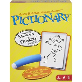 Mattel Games Pictionary Juego de Mesa Familiar para niños, Adultos y Noche de Juegos para 2 Equipos con marcadores borrables, Tablas y Temporizador de Arena