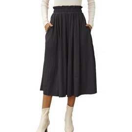 Black Skirts for Women Casual High Elastic Waisted Pleated Swing Midi Skirt with Pockets Solid Color Large