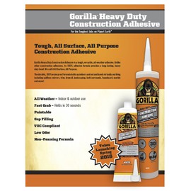 Gorilla Heavy Duty Construction Adhesive, 9 ounce Cartridge, White, (Pack of 4)