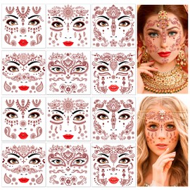 DPKOW 12pcs Mandala Flower Face Tattoos, Brown Red Indian Lace Temporary Tattoos Ramadan Eid Fake Tattoo Stickers for Woman Girls Face Body Art, Waterproof Mandala Flower Temporary Tattoos