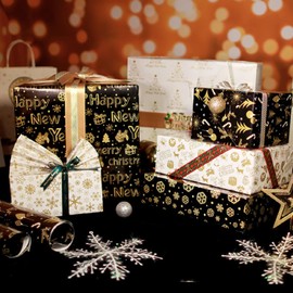 FullJoyHut Christmas Wrapping Paper 6 Sheets Kraft Recycled Christmas Paper 70 x 50 cm, 12 Gift Tags, 12 Stickers, 2 Rolls of Twine Packing Rope Christmas Gift Wrapping