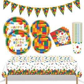 Building Block Party Decorations 98Pcs Building Block Party Decorations Suppiles Set Include Plates, Napkins, Cups, Banner and Tablecloth Building Block Theme Party Favors Kit (Building block)