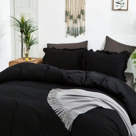 CLOTHKNOW Black Ruffles Twin/Twin XL Comforter Set 3Pcs Farmhouse Bedding Comforter Sets Shabby Chic Boho Comforter with 2 x Pillow Cases