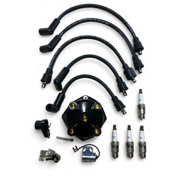 Tune up kit for 1963-1989 Mercruiser and OMC 2.5L and 3.0L with conventional point ignition. Distributor cap, spark plugs, wires, points, condenser