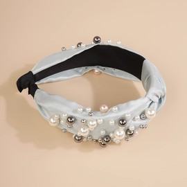 Wiwpar Diademas anudadas de perlas para mujer, diadema ancha con cuentas de perlas, accesorios para el cabello bohemios (azul)