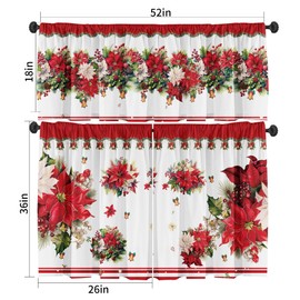 SUNWISHA Christmas Poinsettia Curtain Valances Set Upper Curtain 52'' Lx18'' W & Lower Curtain 36'' L X 26'' W X2 Kitchen Windows Decor 3 Piece Set Red