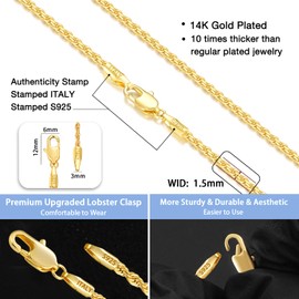Jewlpire 14K Gold Chain Necklace for Women, 1.5mm Rope Chain Gold Chain for Women Dainty & Shiny Women's Chain Necklaces, Gold Chain 16 Inch