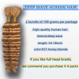 Human Braiding Hair 16 Inch 100 g 2 Bundle Deep Water Wave Bulk Human Hair for Braiding Curly Human Hair for Boho Braids Wet and Wavy Human Hair Extensions No Weft Micro Braiding Hair 27 Honey Blonde