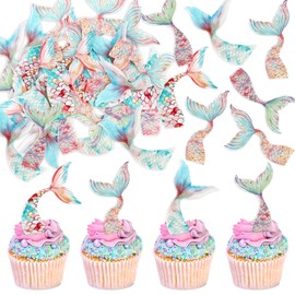Cyodoos 40Pcs Edible Mermaid Tails Cupcake Toppers Wafer Paper Mermaid Tail for Mermaid Party Cake Drink Decoration Baby Shower Party Supplies