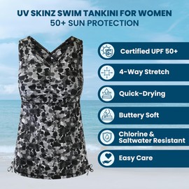 UV SKINZ Women's Swim Tankini – Modest Tankini Top with Built-in Bra Support, UPF 50+ Sun Protection, Flattering Ruched Sides to Conceal Tummy, Comfortable Swimwear for Women - Black Sea Glass - S