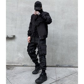 HaiZi XiHuan Men's Functional Style Paratrooper Pants Tactical Cargo Pants Techwear Pants Punk Streetwear Pants Goth Pants(Black,L)