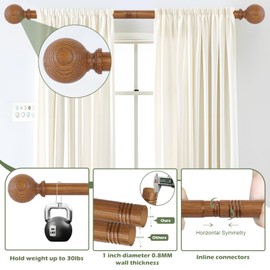 HTZON Wood Curtain Rods for Windows 18 to 60 Inch,1 Inch Wood Grain Ball Adjustable Curtain Rod,Boho Heavy Duty Curtain Rods,Farmhouse Rustic Single Window Curtains Rods,Brown Drapery Rods Set 18-60"