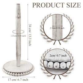 Farmhouse Paper Towel Holder Washed Beaded Paper Towel Stand Wood Paper Hanger Rack Standing Towel Roll Stand Organizer Paper Roll Holder Roll Dispenser for Kitchen Bathroom Countertop Cabinet, White