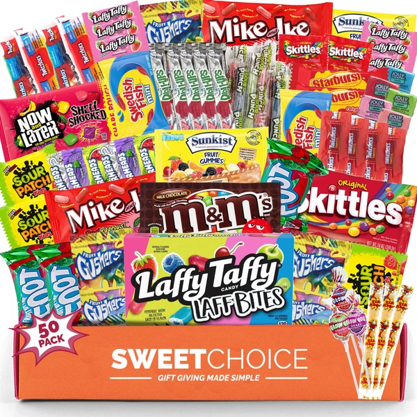 Bite Sized Halloween Candy Gift box Care Package - (50 count) Back To School A Sampler of Skittles, Sour Patch Kids, Starburst, , Twizzlers, Airheads, and More! Great for Movie Night Sleepovers and Goodie Bags!