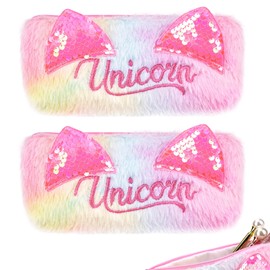 Biiange Plush Pen Case, Fluffy Pencil Case Animal, Cat Ear Sequin Plush Zipper Pen Box, Storage Bag, Makeup Pouch, for Daily Work(2Pcs)